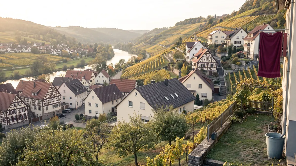 Weinhänge und Dorf im Flusstal östlich der Großstadt