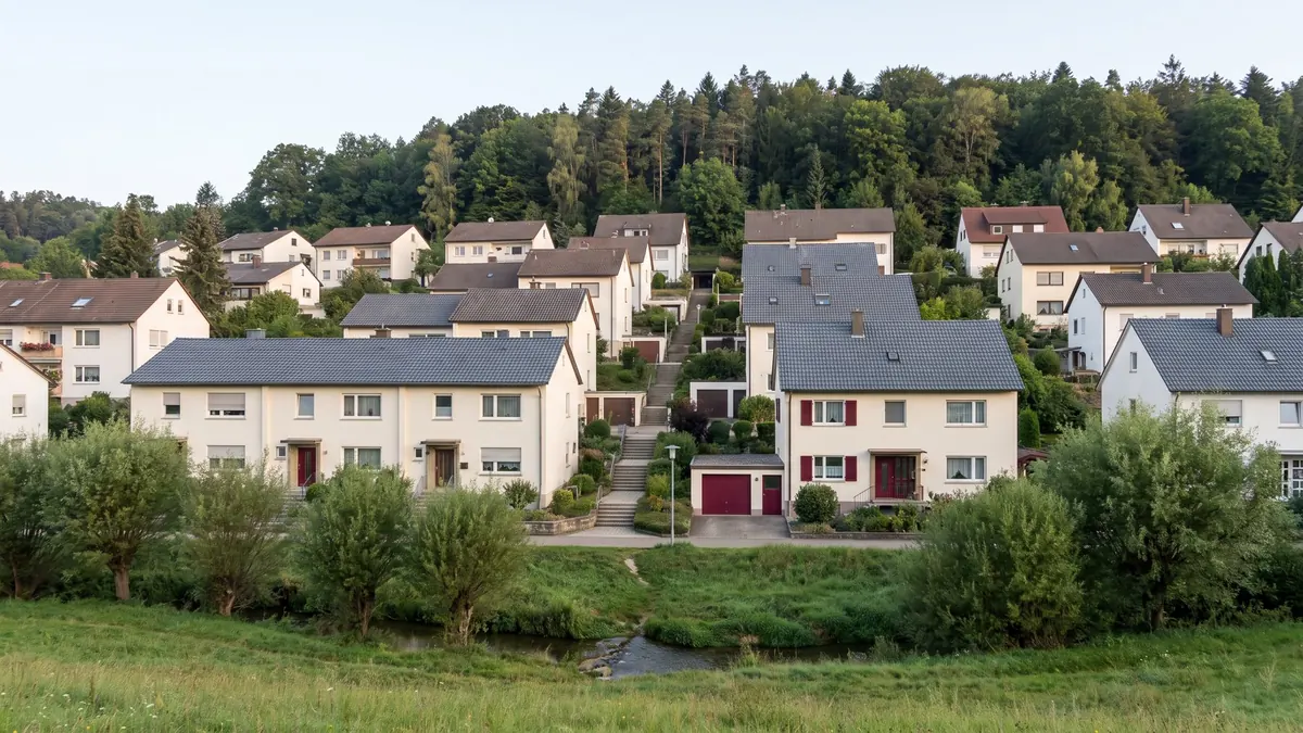Kleines Tal mit Bach und Siedlung am Hang westlich der Großstadt
