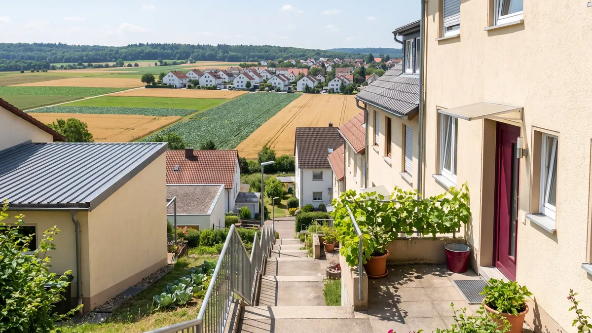 Hochebene mit Feldern und Ortsrand südlich der Großstadt