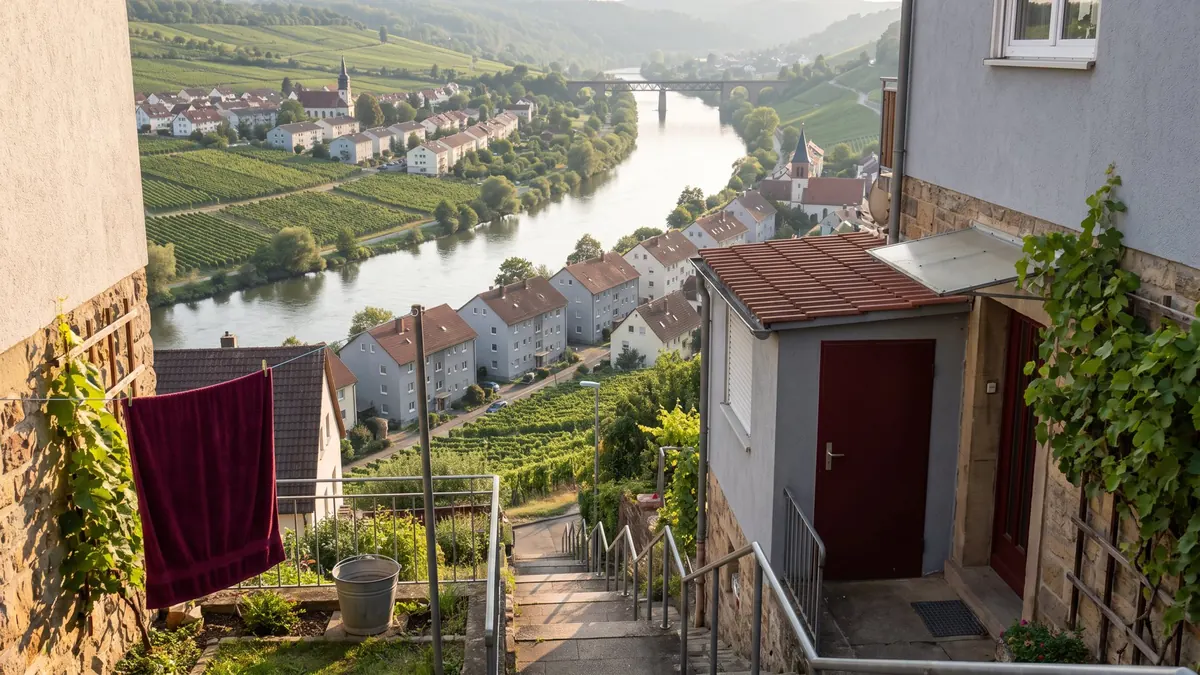 Flusstal mit Ortschaften an den Hängen nördlich der Großstadt