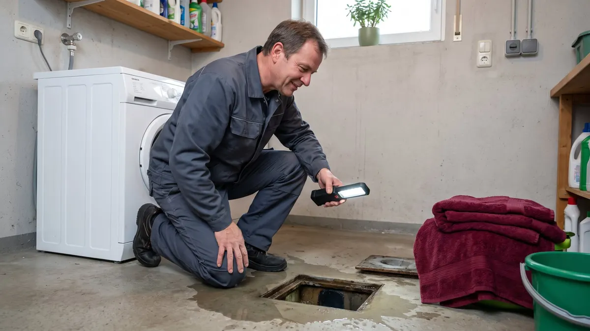 Fachkraft prüft den Rückstauverschluss neben dem Bodenablauf im Keller