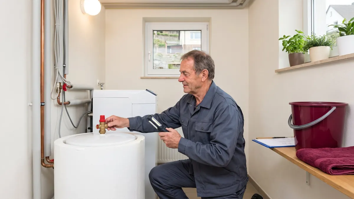 Fachkraft prüft das Sicherheitsventil am Warmwasserspeicher