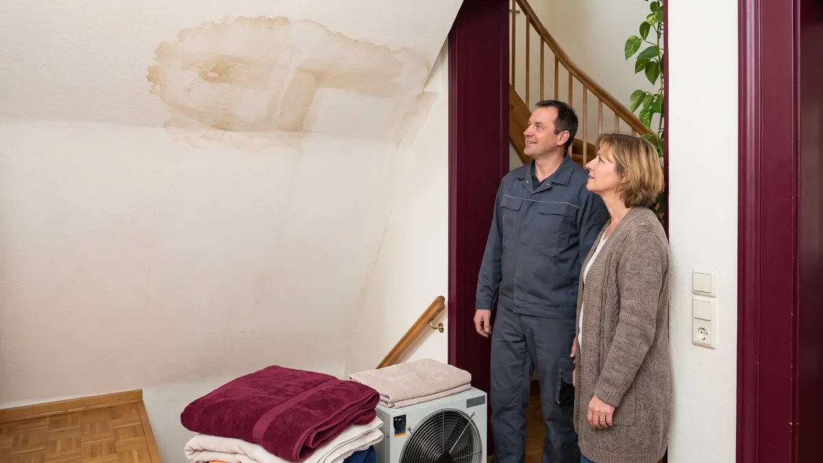 Fachkraft und Hausbesitzerin betrachten einen Wasserfleck an der Flurdecke