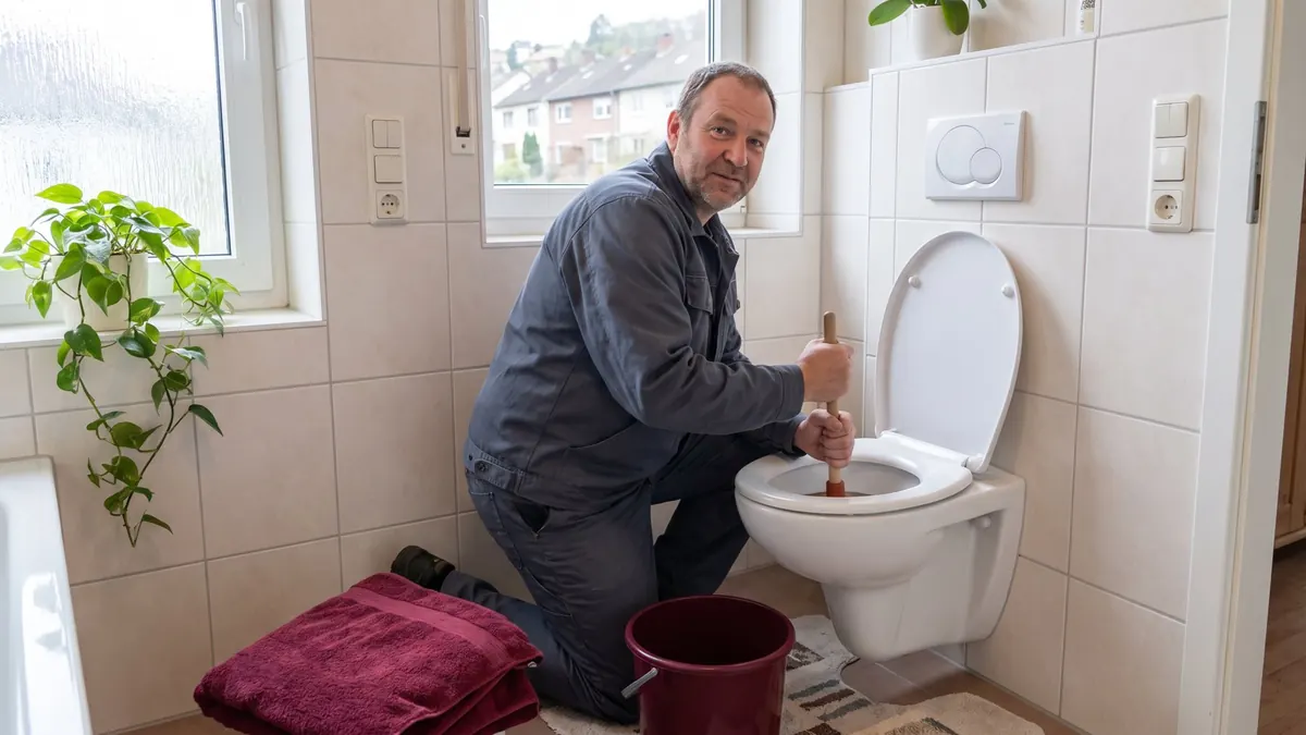 Fachkraft arbeitet mit der Saugglocke an einem verstopften WC