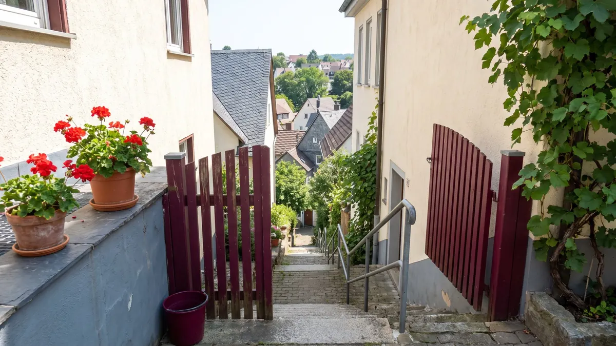 Schmale Treppe zwischen zwei Hanghäusern