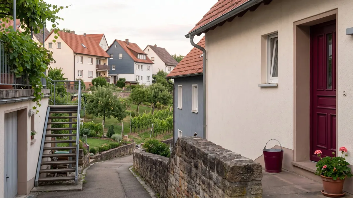 Wohngebiet am Ortsrand zwischen Gärten und Hang