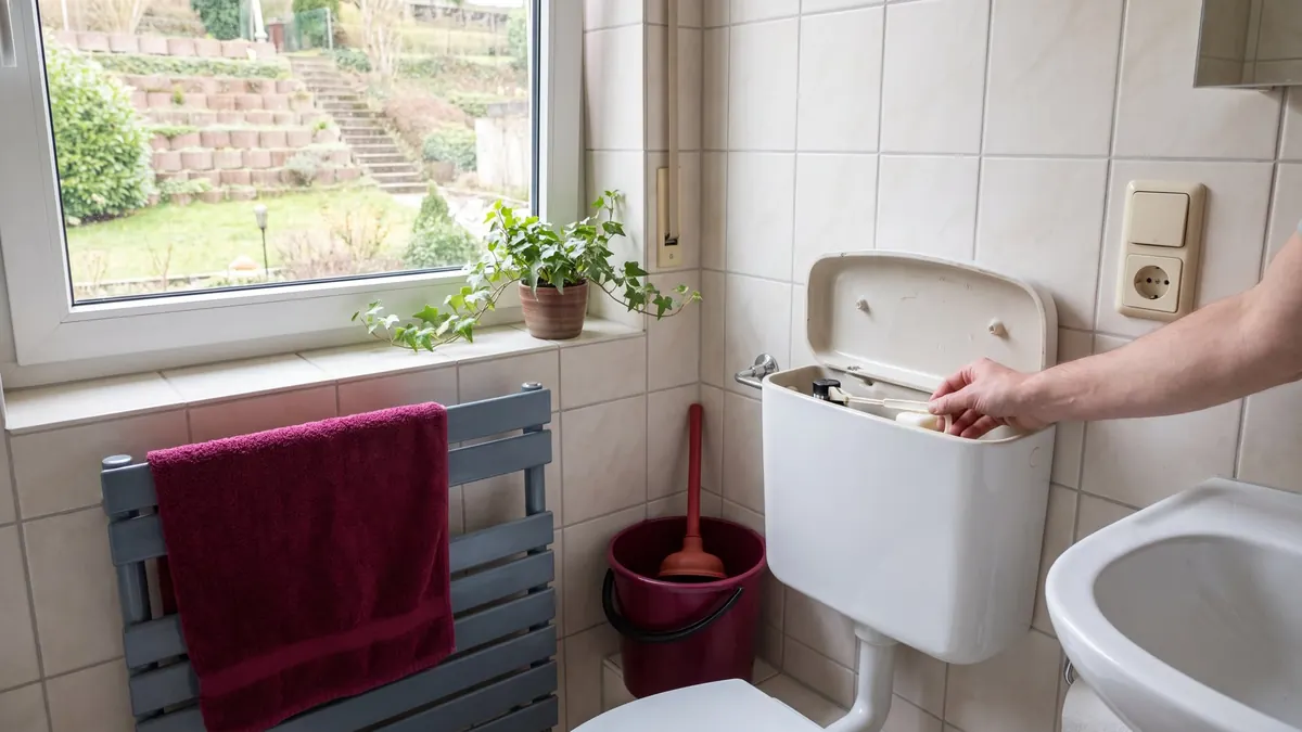 Blick in den geöffneten Spülkasten neben einer Saugglocke