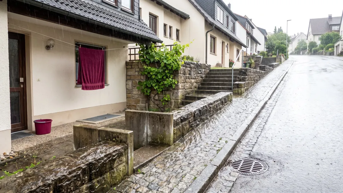 Starkregen auf einer Hangstraße, Wasser läuft am Bordstein ab