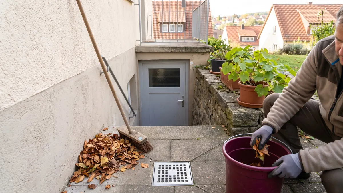 Außentreppe zum Keller mit freigeräumtem Ablauf