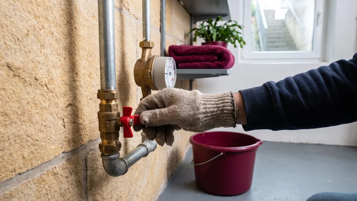 Hand dreht am Hauptabsperrventil neben dem Wasserzähler