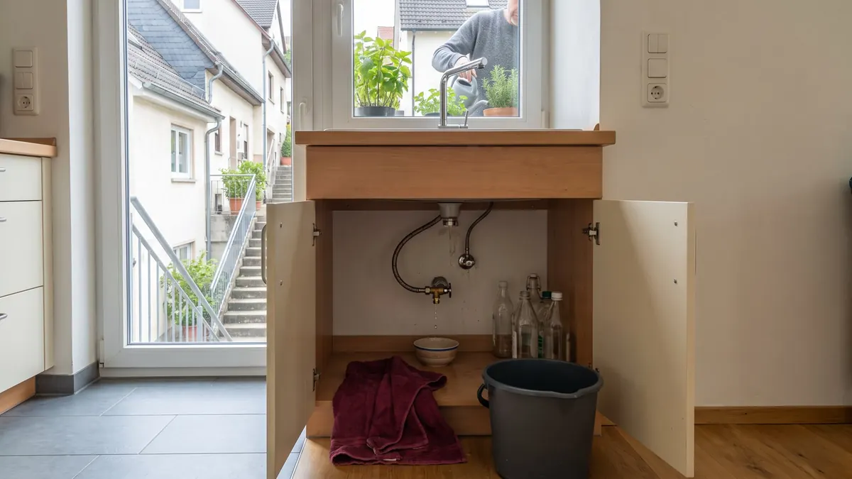 Geöffneter Unterschrank mit Eckventilen und Siphon unter der Spüle