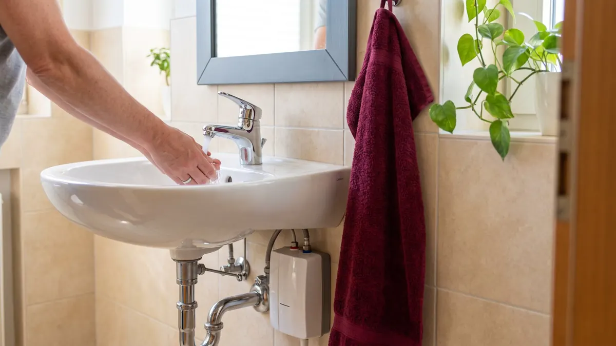 Hand prüft am Waschbecken, ob warmes Wasser ankommt