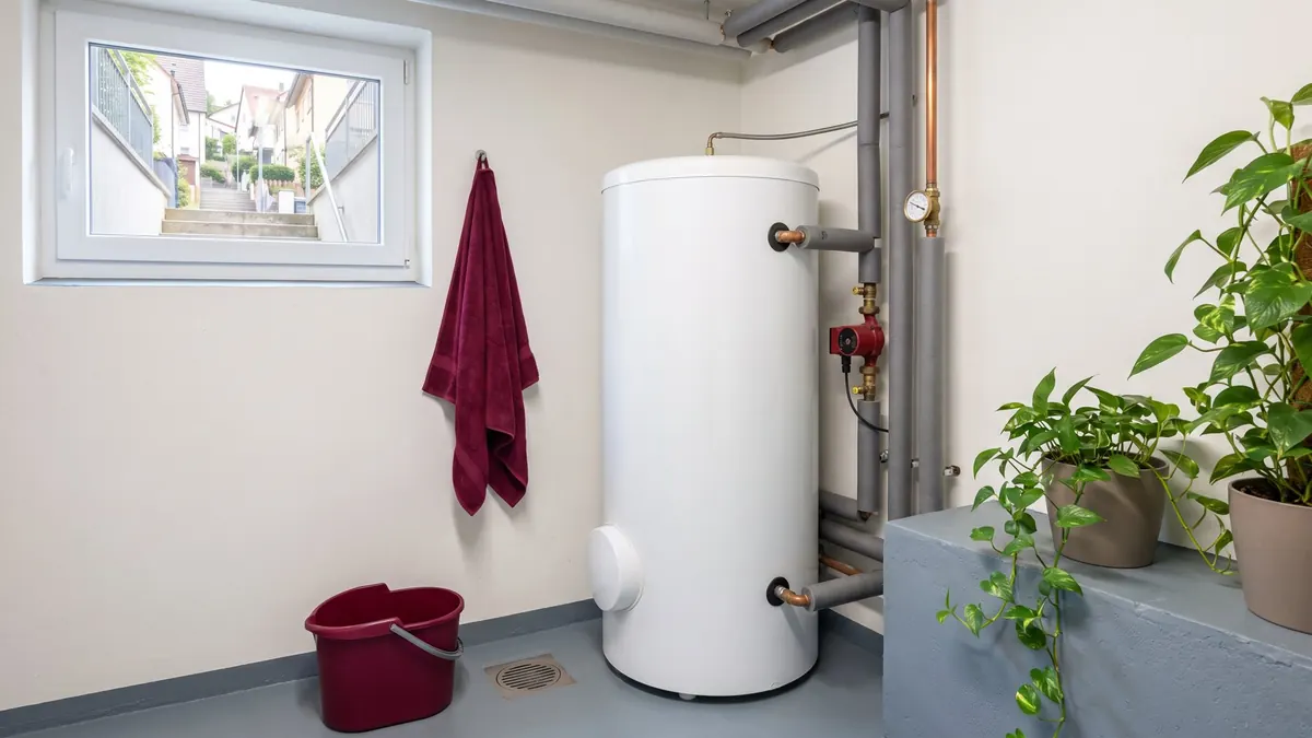 Warmwasserspeicher mit Zirkulationspumpe im Heizungskeller